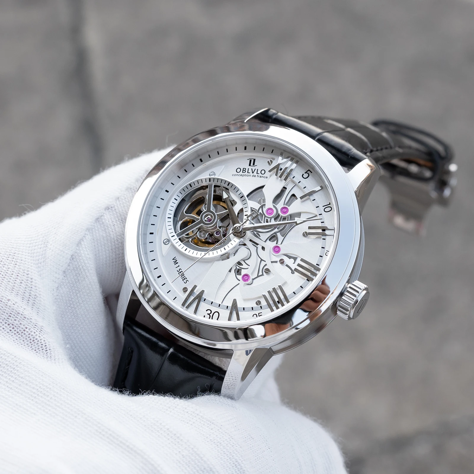 OBLVLO Unique Hollow-out Automatic Watch for Men Stainless Steel 42mm White Dial Leather Strap Classic Mechanical Watches VMQ-ND