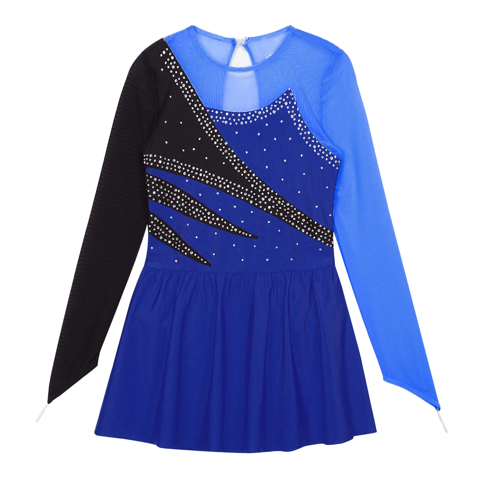 Kids Girls Ballet Dress Shiny Rhinestone Tutu Gymnastics Leotard Long Sleeve Sheer Mesh Dresses Dancewear Figure Skating Dress