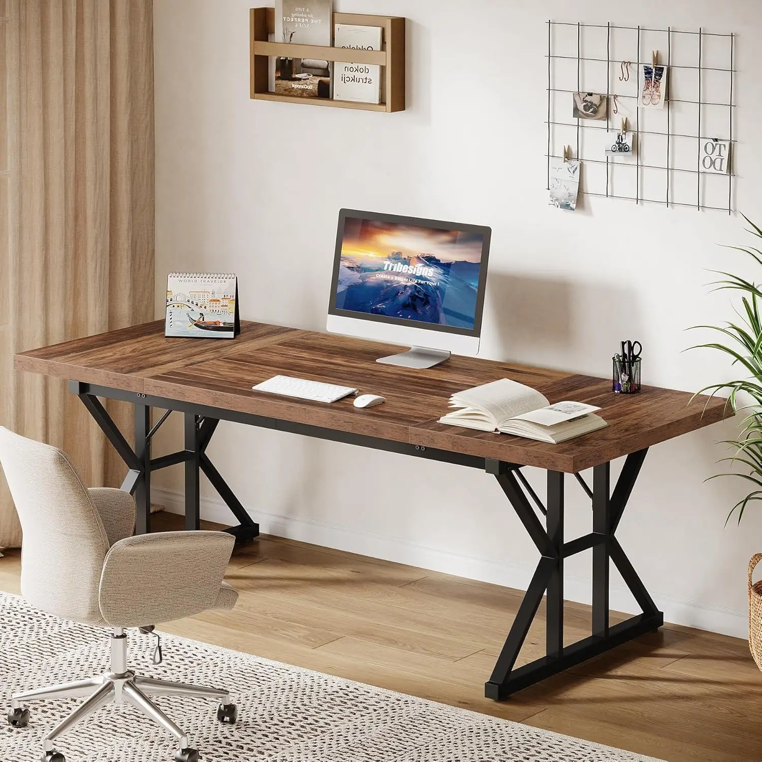 70.86-Inch Large Executive Desk, Industrial Home Office Computer Desk, Simple Long Writing Study Table Business Furni