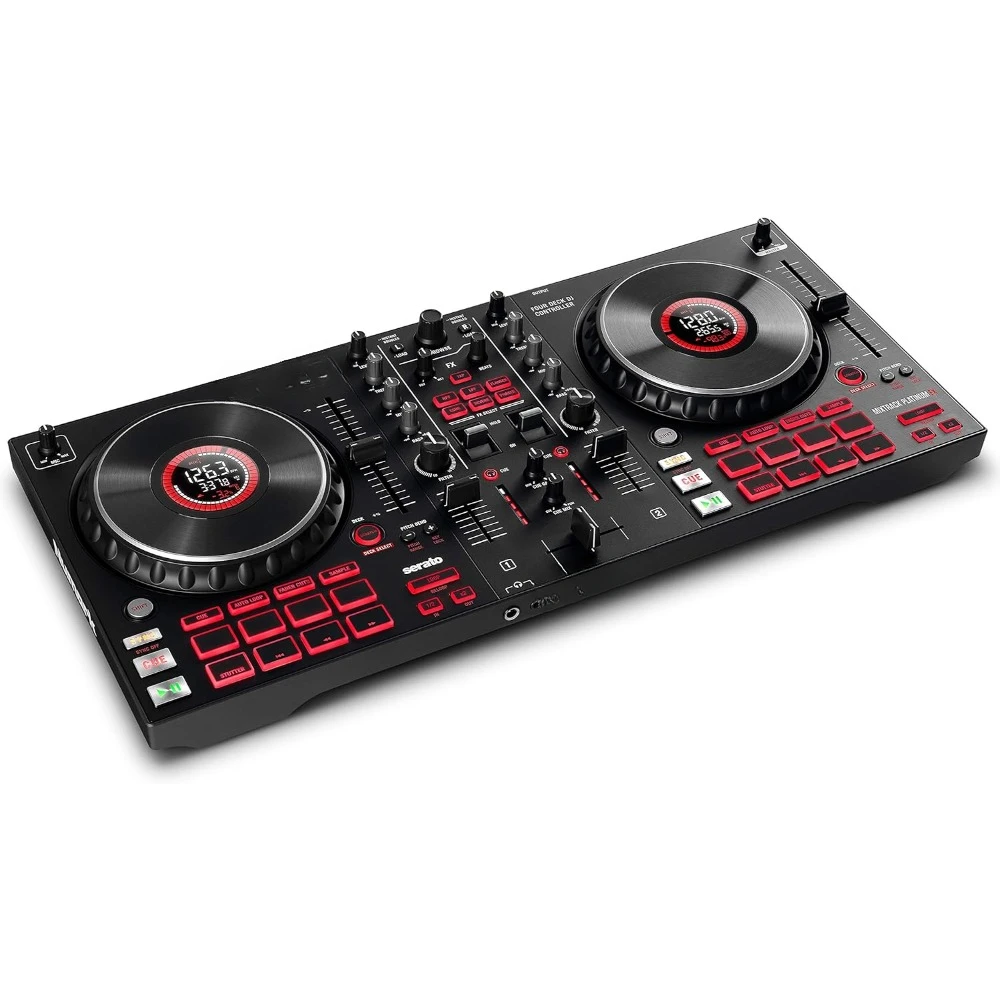 Serato DJ with 4 Deck Control, DJ Mixer, Built-in Audio Interface, Jog Wheel Displays and FX Paddles