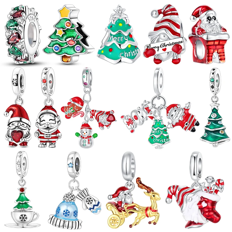 925 Sterling Silver Christmas Dangle Charm Santa Claus Xmas Tree Gnome Reindeer Snowman Pendant Fit DIY Bracelet Jewelry Gift