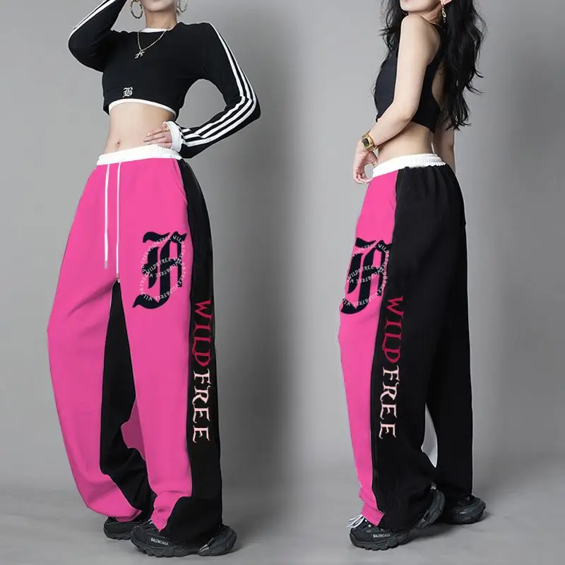 American Street Style Wide Leg Sweatpants for Women Hip Hop Dancewear with Contrast Color Graphic Print Loose Casual Trousers
