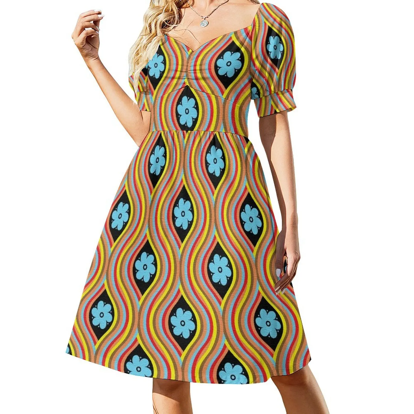 

1970s Retro Vintage Hippie Bohemian Flower Power Festival Short Sleeved Dress summer dresses for women 2025 Dress