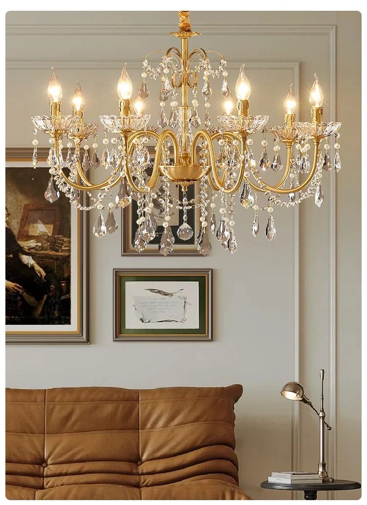 European Crystal E14 Chandelier French Gold Candle Pendant