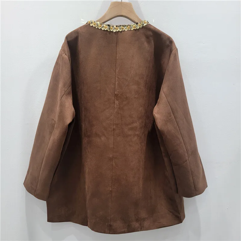 HKSH Lente Herfst Nieuwe Vrouwen Faux Suede O-hals Multi-pocket Zware Ambachtelijke Lovertjes Franse High-End Luxe Elegante Ins jas HK13808