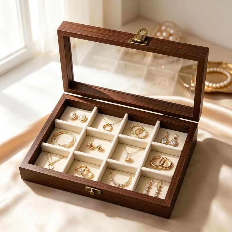 Korean‑Style Hard Shell Jewellery Box, Walnut Pattern Velvet Compact Organizer for Rings, Earrings & Necklaces
