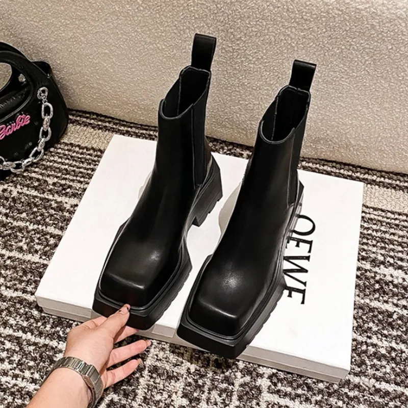 Genuine Leather Ankle Boots Women Chunky Heel Chelsea Boots Square Toe High Heeled Fashion Designer Boots for Women Botas Mujer