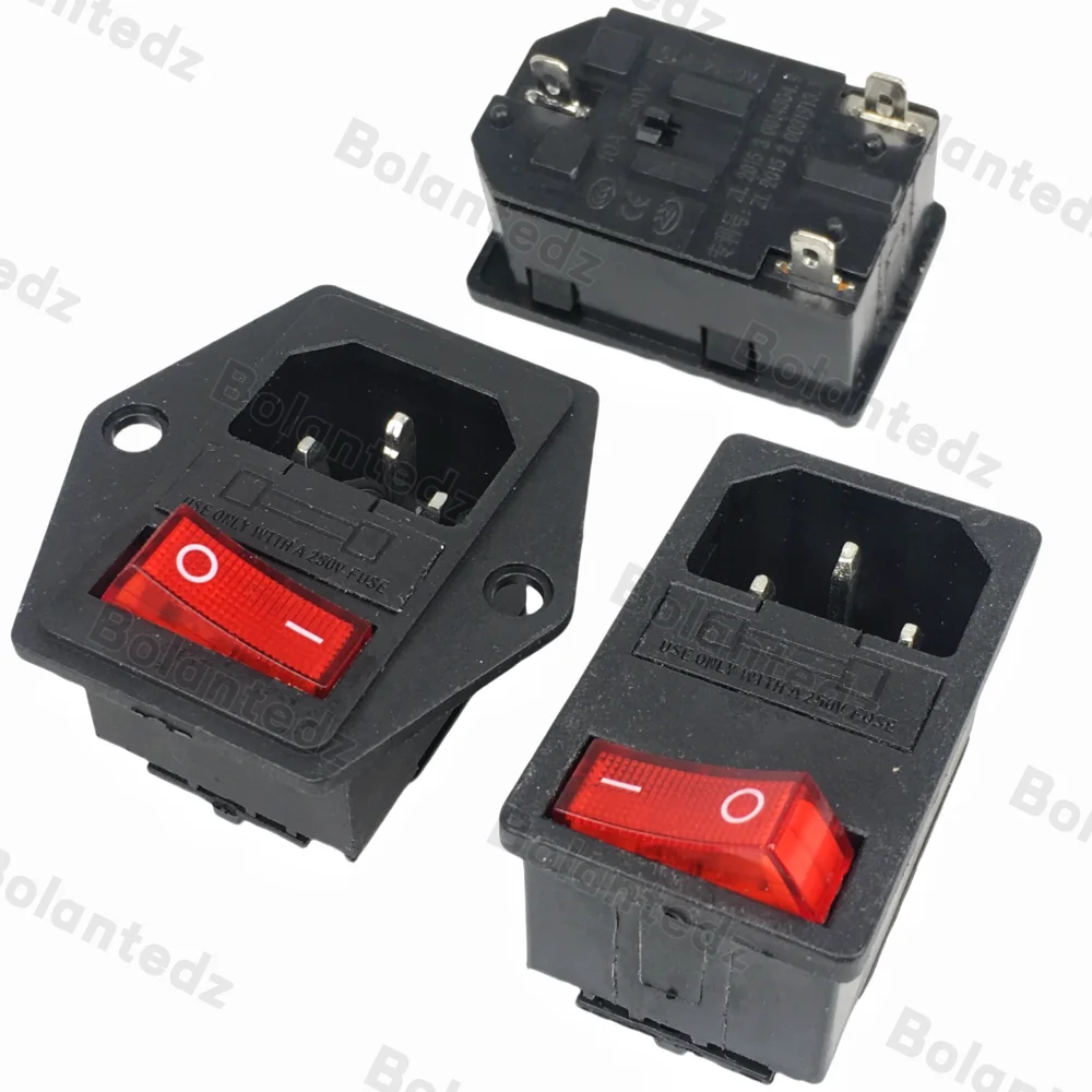 Electrical AC Socket IEC320 C14 3 Pin Red LED 250V Rocker Switch 10A Fuse Female Male Inlet Plug Connector Embedded Socket Mount
