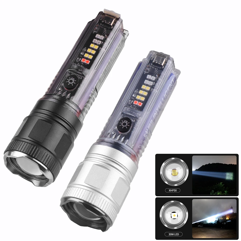 

100000LM 30W XHP50 Flashlight LED Multi-function Waterproof Keychain Flashlight Waterproof Magnetic Warning Camping Torch Light