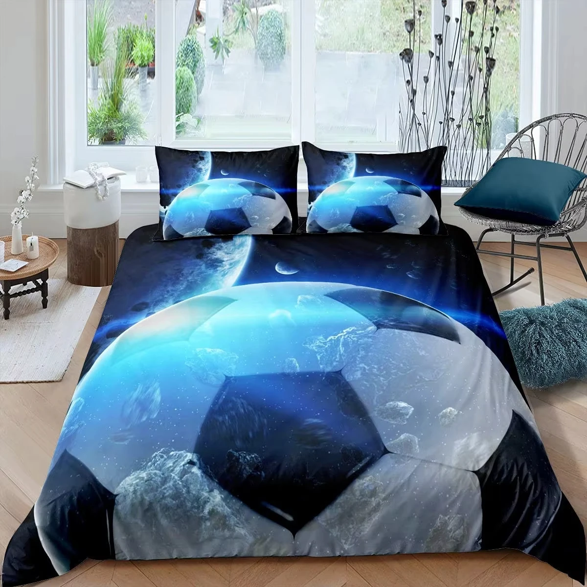 Galaxy Soccer Duvet Cover Twin Queen Space 3D Soccer Comforter Cover Abstract Cosmic Football Bedding Set Ball Sport Quilt Cover