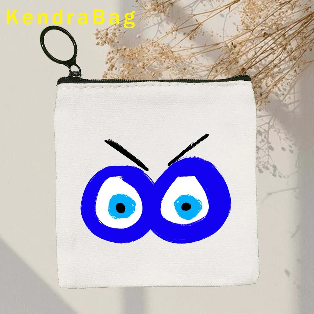 Greek Turkish CRETE Nazar Blue Evil Eye Hamsa Key Coin Purse Canvas Bag Key Case Pouch Wallet Zipper Good Luck Girl Makeup Gifts