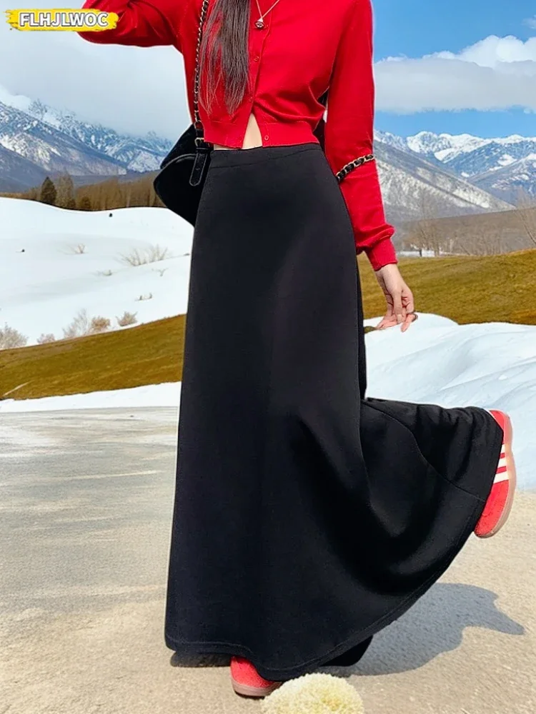 Autumn Winter Long Maxi Skirts Hot Sales Solid High Waist Cute Sweet Girls All-Match Gray Black Skirt