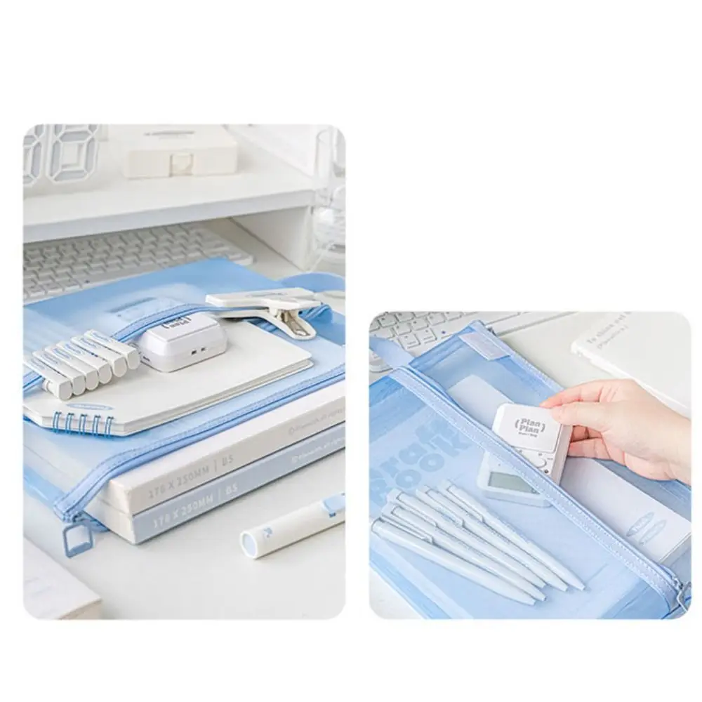 Multifunctional Mesh Zipper Pouch Solid Color Large Capacity File Folder Bag Nylon Transparent Test Paper Storage Bag Kids