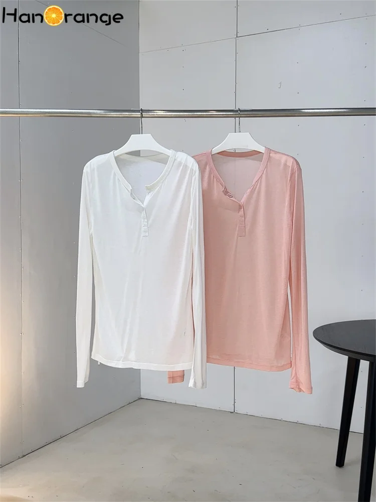 HanOrange 2024 Summer Lazy Simple Cool Sunscreen T-shirt Women Lightweight Breathable Slim Long Sleeve Top Tees White/Pink