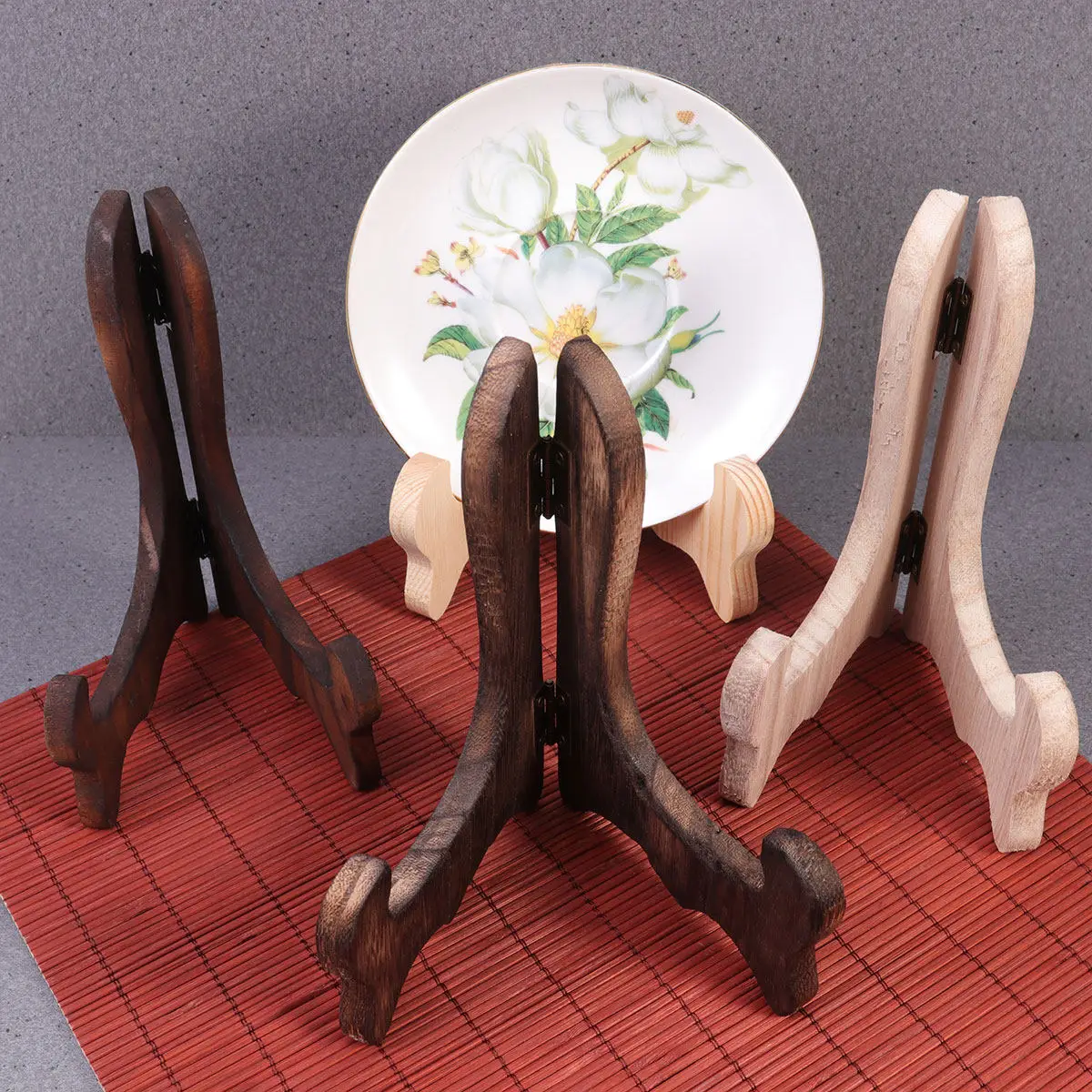 4Pcs Display Stand Holder Wooden Curved Leg Plate Tea Cake Dish Easel Rack Desktop Decoration Home Party Shop Pine Burned