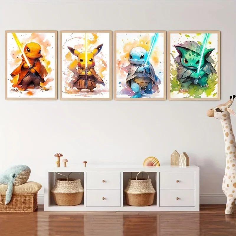 4Pcs Cartoon Anime Pokemon Soldier Pikachu Squirtle Bulbasaur Charmander Poster Wall Art Prints Canvas Painting Wall Home Decor