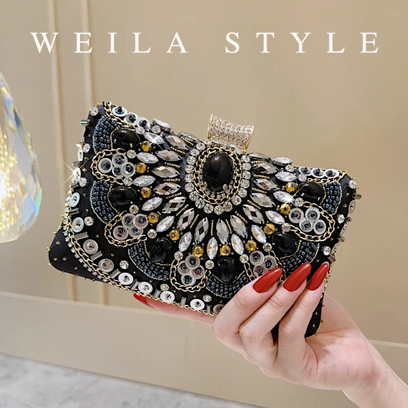 

Rhinestone Beaded Evening Bag Elegant Box Clutch Purse Women's Wedding Party Prom Handbags