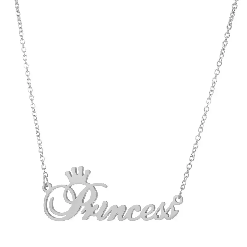 Cute Cursive Letter Crown Princess Necklace Stainless Steel Script Word Little Girls Kids Babygirl Pendant Chain Clavicle Choker