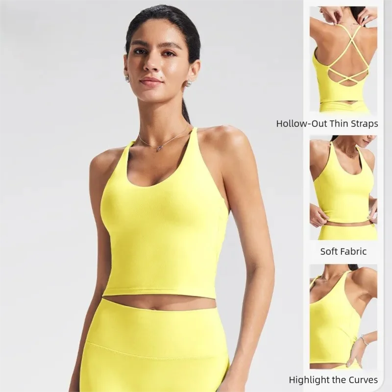 Sexy Sports Bra Yoga Top Women Naked Feeling Skin Friendly Cross Back Strappy Racerback Workout Gym Fitness Cropped Vest