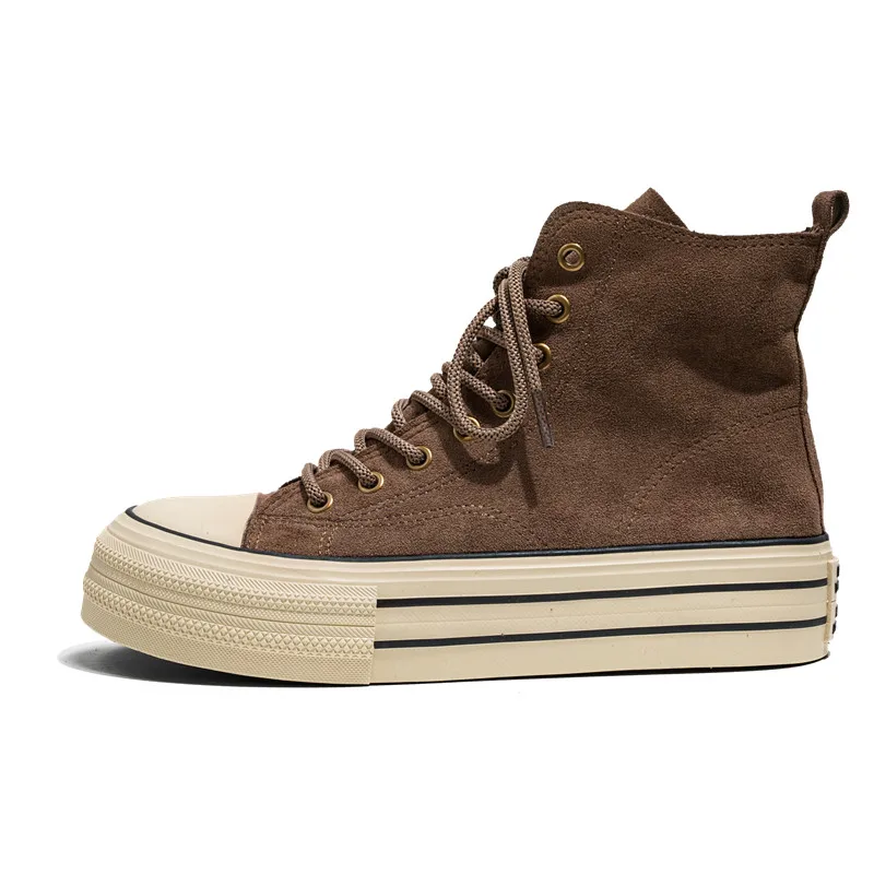 

Vintage Brown Couples Casual Sneakers Comfort Suede Thick Sole Men's Shoes Trend Lace-up High Top Shoes Mens Vulcanized Sneakers