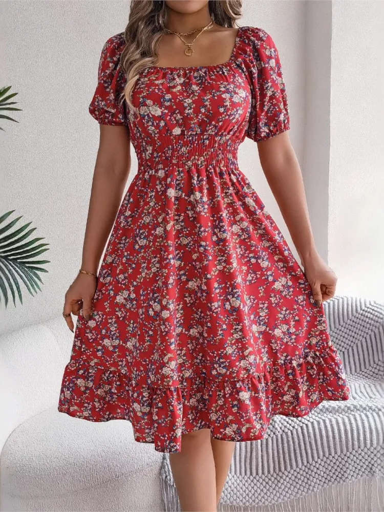 Floral Square Collar Dress Spring Summer Short Sleeved Pleated Waist Ruffle Edge A-line Skirt Mid Length Skirt Women's Clothing