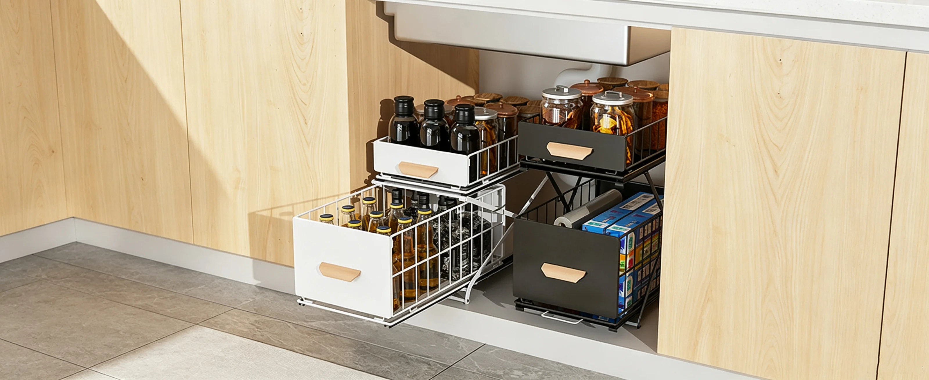 Unterschrank-Aufbewahrung - Ausziehbare Küchenschublade - 2-stufiges Metallregal für unter den Waschbecken - Gewürzregal - Badezimmer-Organizer mit Aufklappfunktion - Schwarz Weiß – Detail 1