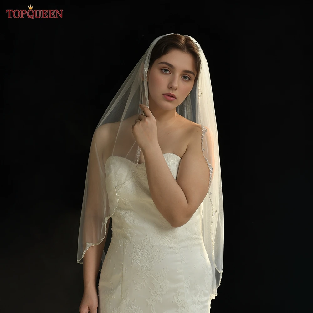 TOPQUEEN Bridal Elegant Rhinestone Veils With Crystal Edge 100% Hand-Beaded Veil Short Veil Ivory Wedding Accessory V249