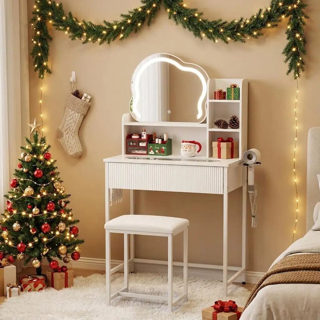 

Vanity Desk with Mirror and Lights, Fluted Makeup Vanity Set with Chair and Drawers for Small Space, White Dressing Table with