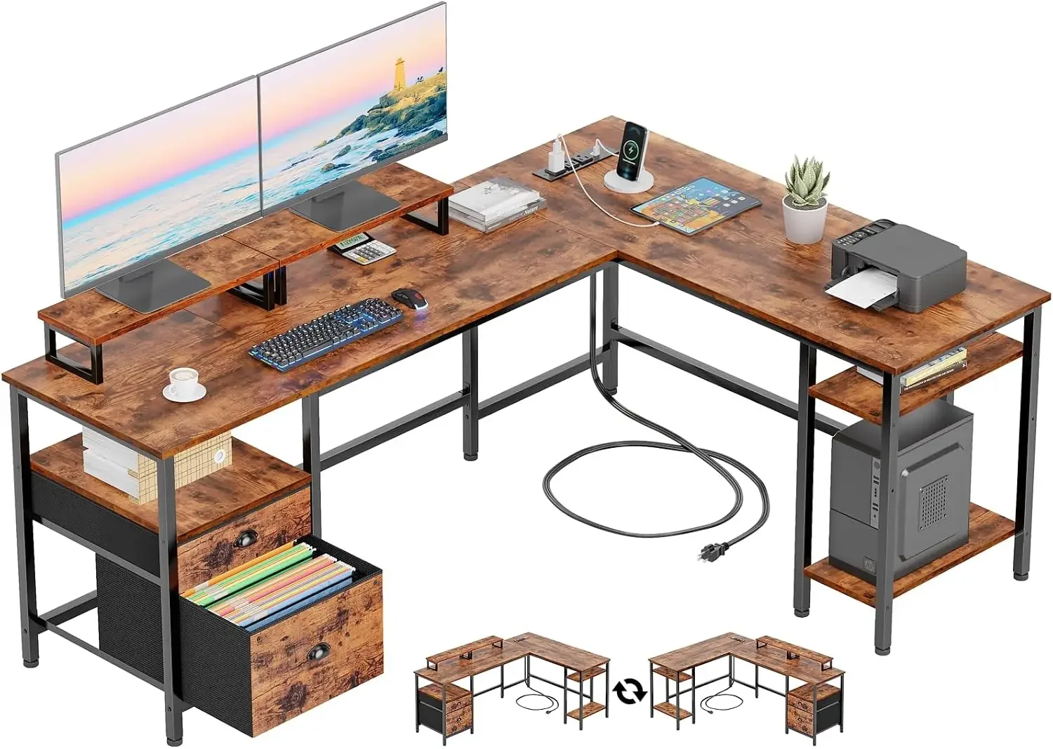 66” L Shaped Desk with Power Outlet, Reversible Home Office Desk with File Drawer, 2 Monitor Stands, Storage Shelves, Corner Com
