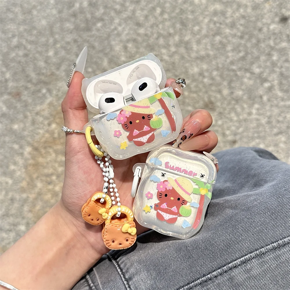 Koreanische INS Fashion Glitter Hello Kitty Kopfhörerhülle für Airpods 4 3 2 Airpods Pro 2 Fundas mit 3D-Charm-Kopfhörer Niedliche Hülle