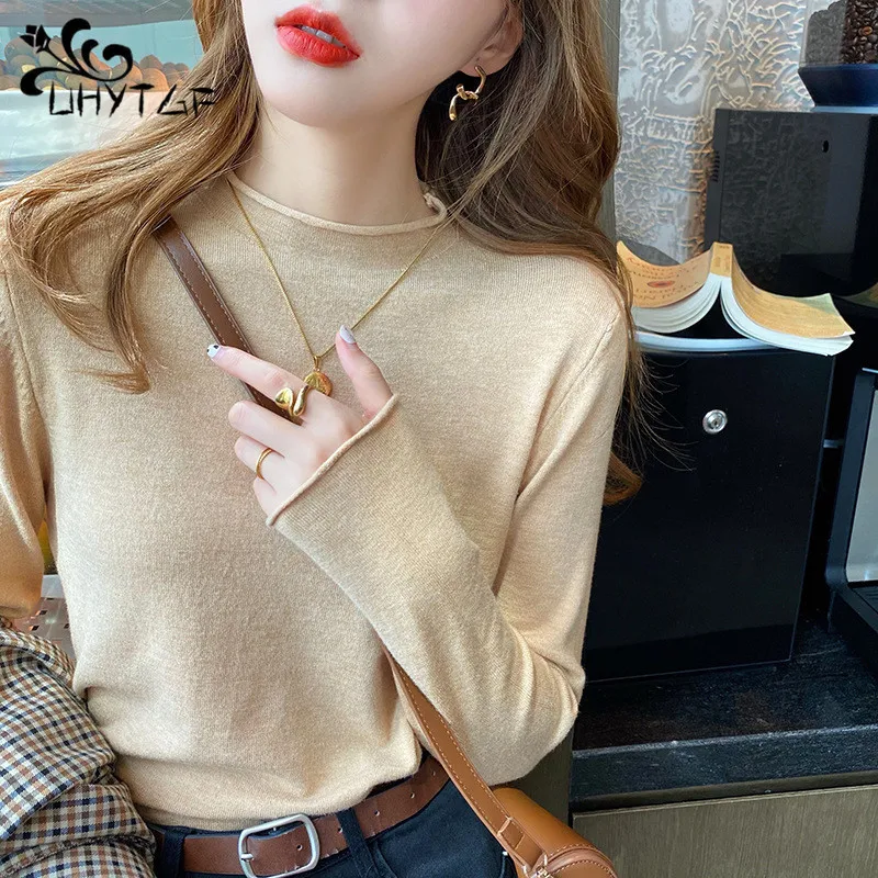 

UHYTGF 2023 Knit Sweater Dress Women Fashion Mock neck Thin Bottoming Sweater Autumn Winter Clothes Long Sleeve Casual Sweater 8