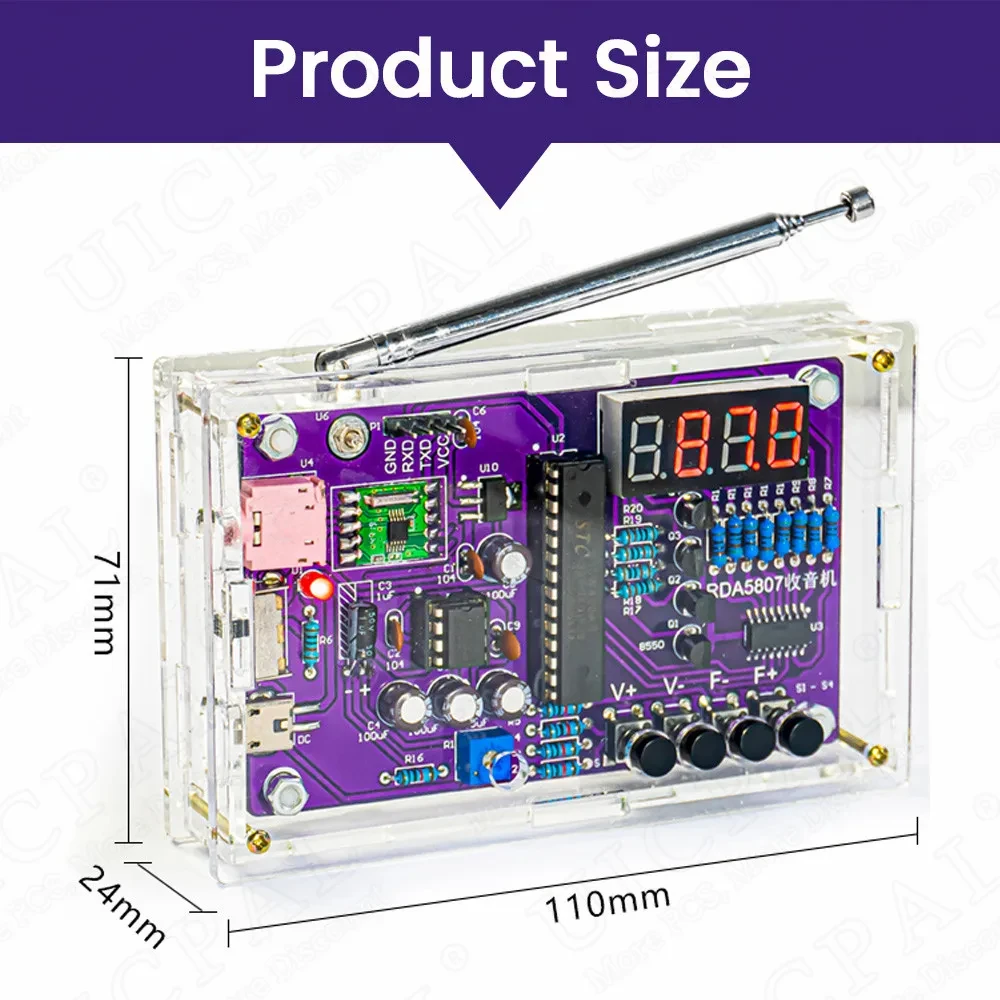 Imagem -03 - Diy Kit Rádio fm Eletrônico Projeto de Solda Assembleia Prática Solda Pcb Freqüência Ajustável Duplo Poder 87108mhz Rda5807s