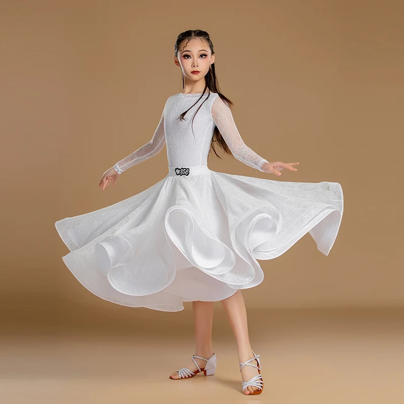 

New Girls Lace Sleeves Latin Dance Dress Kids Waltz Modern Dancing Dresses Children'S Ballroom Dance Professional Costume XS9683