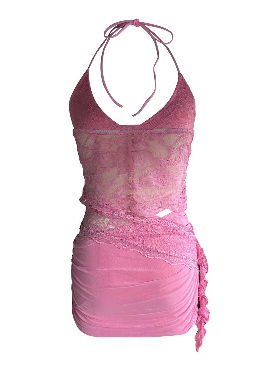 Ensemble de jupe en dentelle transparente pour femmes, mini jupe froncée asymétrique, camisole florale, tenues sexy, club de fête, 2 pièces