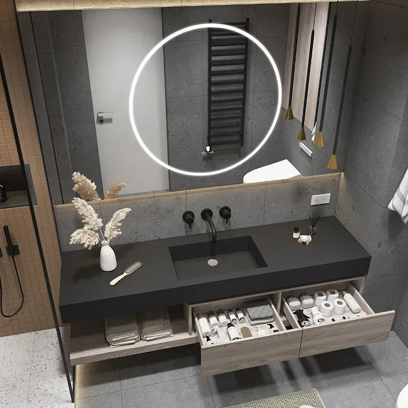

Bathroom Cabinet Smart Mirror Cabinet Slate Ceramic Integrated Washbasin Bathroom Vanity Cabinet with Sink Bathroom Furniture