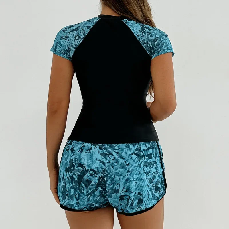 Maiô feminino tankini conjunto feminino manga curta roupa de banho 2025 surf esportes piscina beachwear trajes de banho de duas peças com shorts