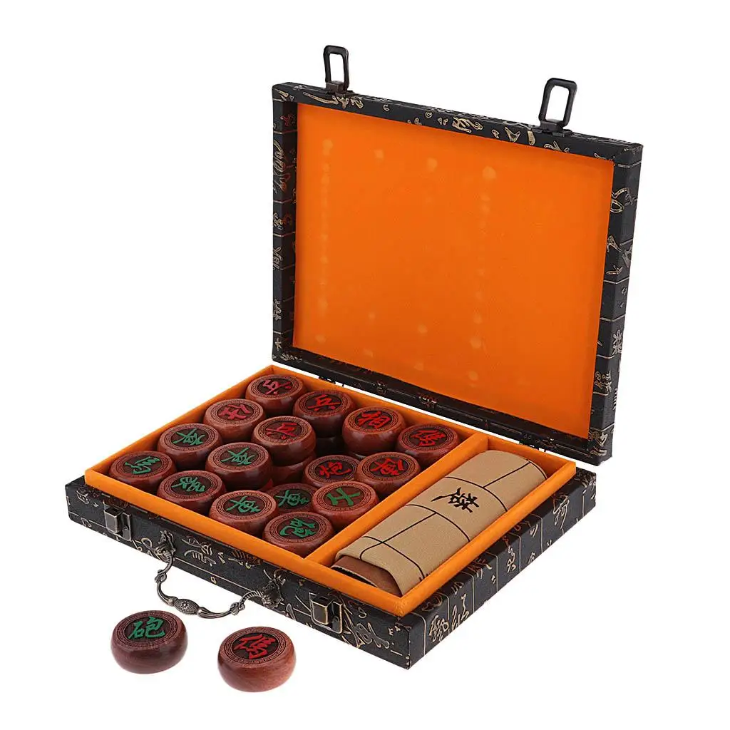 

Vintage Rosewood Chinese Chess Set Xiangqi Travel Game Set with Wooden Box and