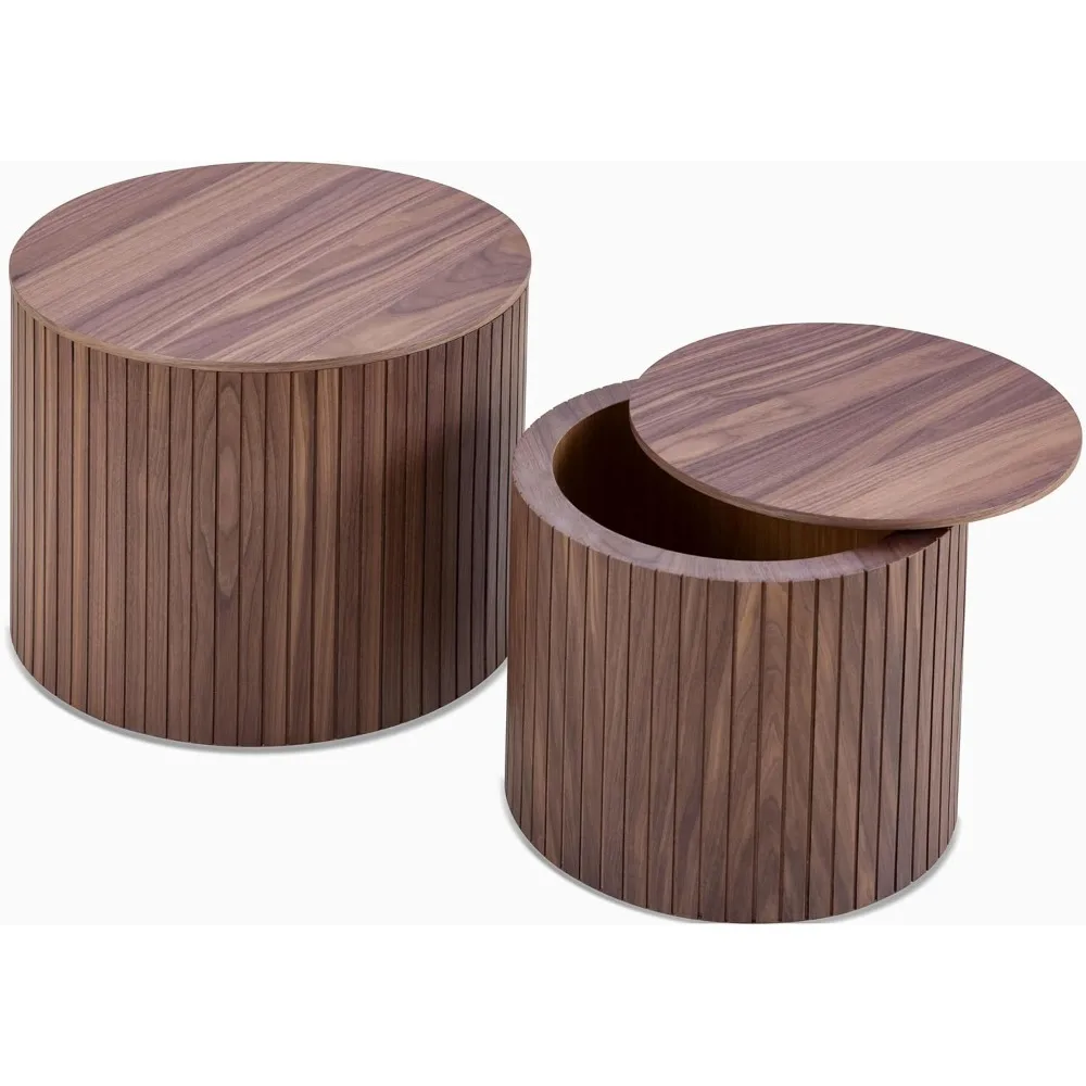 Set Meja Kopi Kayu Modern Bentuk Lingkaran dengan Penyimpanan untuk Ruang Tamu, Finishing Walnut (2 buah)