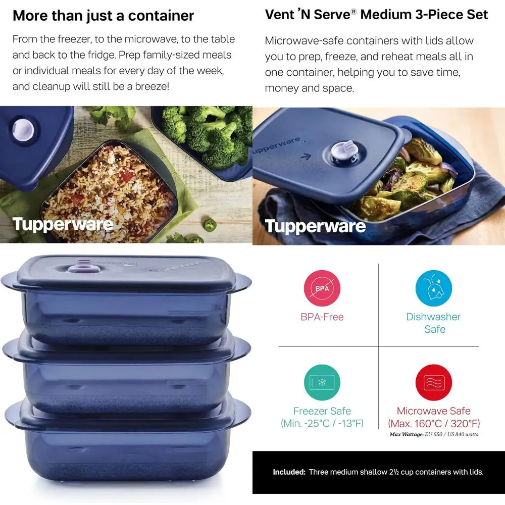 

3-Piece Medium Shallow Meal Prep Containers with Lids - Freeze, Reheat & Dishwasher Safe - BPA-Free