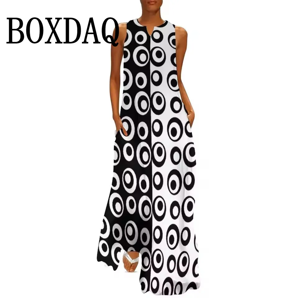 Retro Contrast Color 3D Print Dresses For Women 2025 Summer Fashion Street Wear Loose Beach Long Dresses Casual Tank Maxi Dress