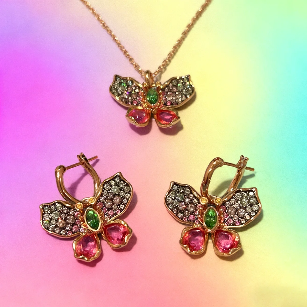 

2025 High Quality Fine Party Jewelry Sets Charm Yellow Pink Butterfly Crystal Fashion Necklace Earrings Romantic Gift for Women