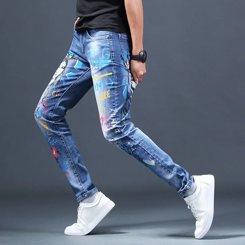 Light Luxury Men’s Slim-fit Noble Blue Denim Pants,Beauty Print Decors Trendy Casual Pants, Stylish Sexy Street Jeans Pants;