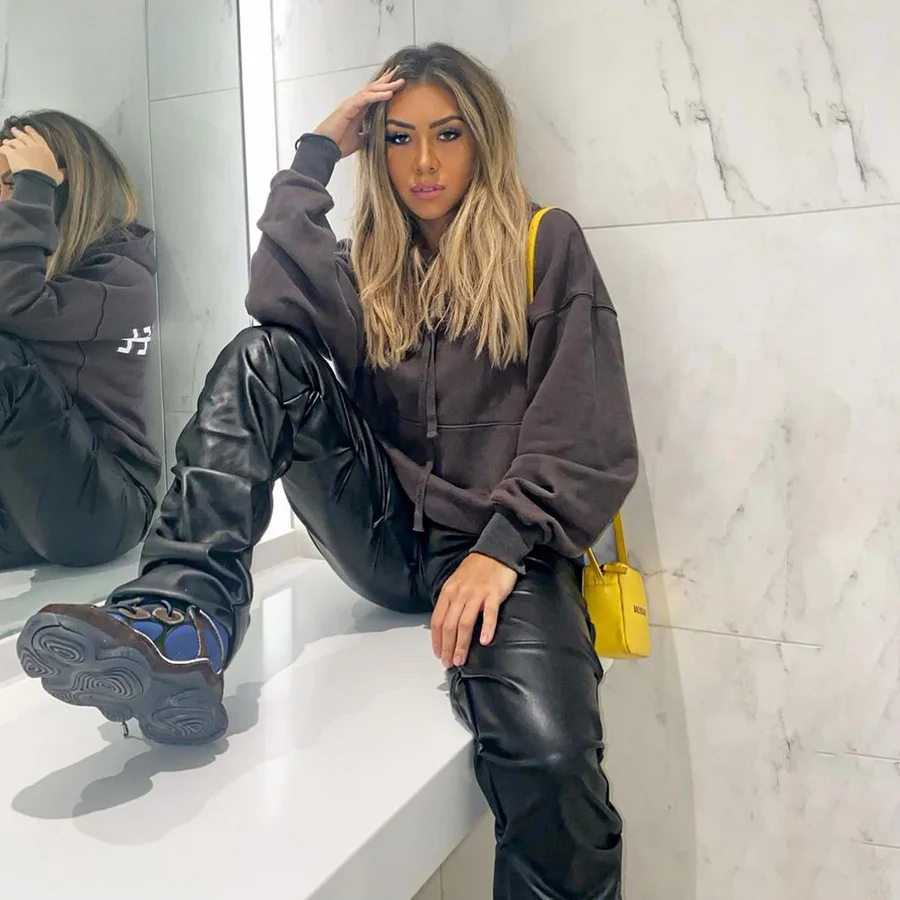 Spodnie damskie z wysokim stanem, imitacja skóry PU, plisowane, asymetryczny krój, codzienne spodnie z prostymi nogawkami dla kobiet.