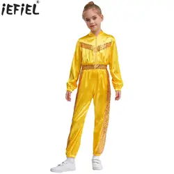 Kids Girls Shiny Sequins Satin Jumpsuit School Party Jazz Hip Hop Street Dance Performance Costumes Long Sleeve Zipper Bodysuit