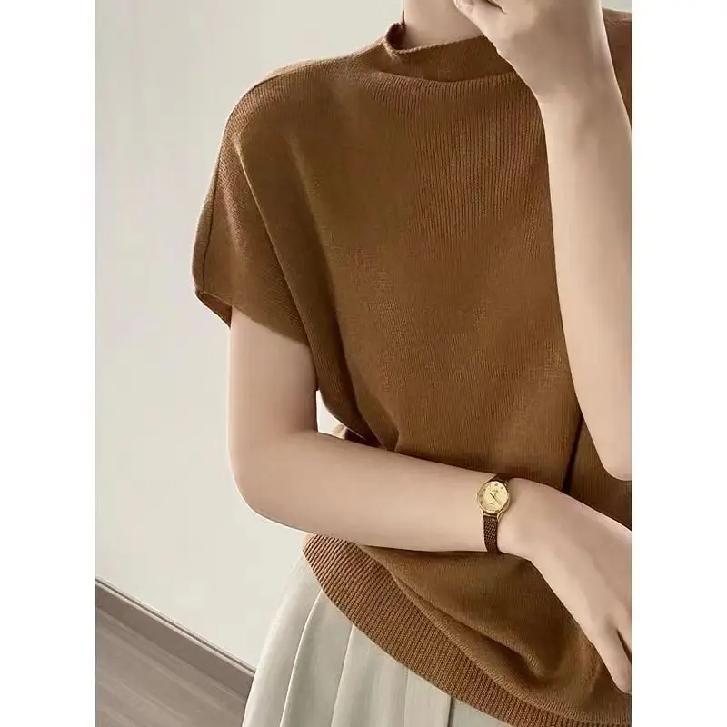 Summer Thin Half High Necked T-Shirt For Women\'s Fine Imitation Wool Solid Color Half High Necked Knitted Short Sleeved Top