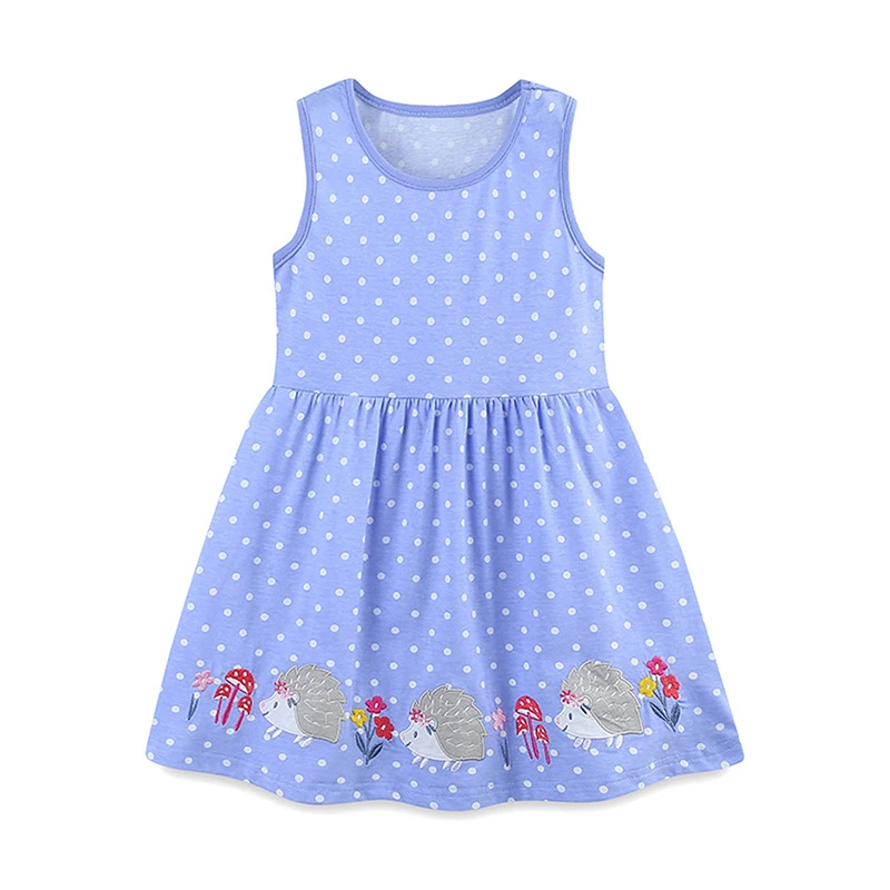 Little Girls Summer Princess Dress Sleeveless O Neck Dot Print Hedgehogs Embroidery A Line Dress