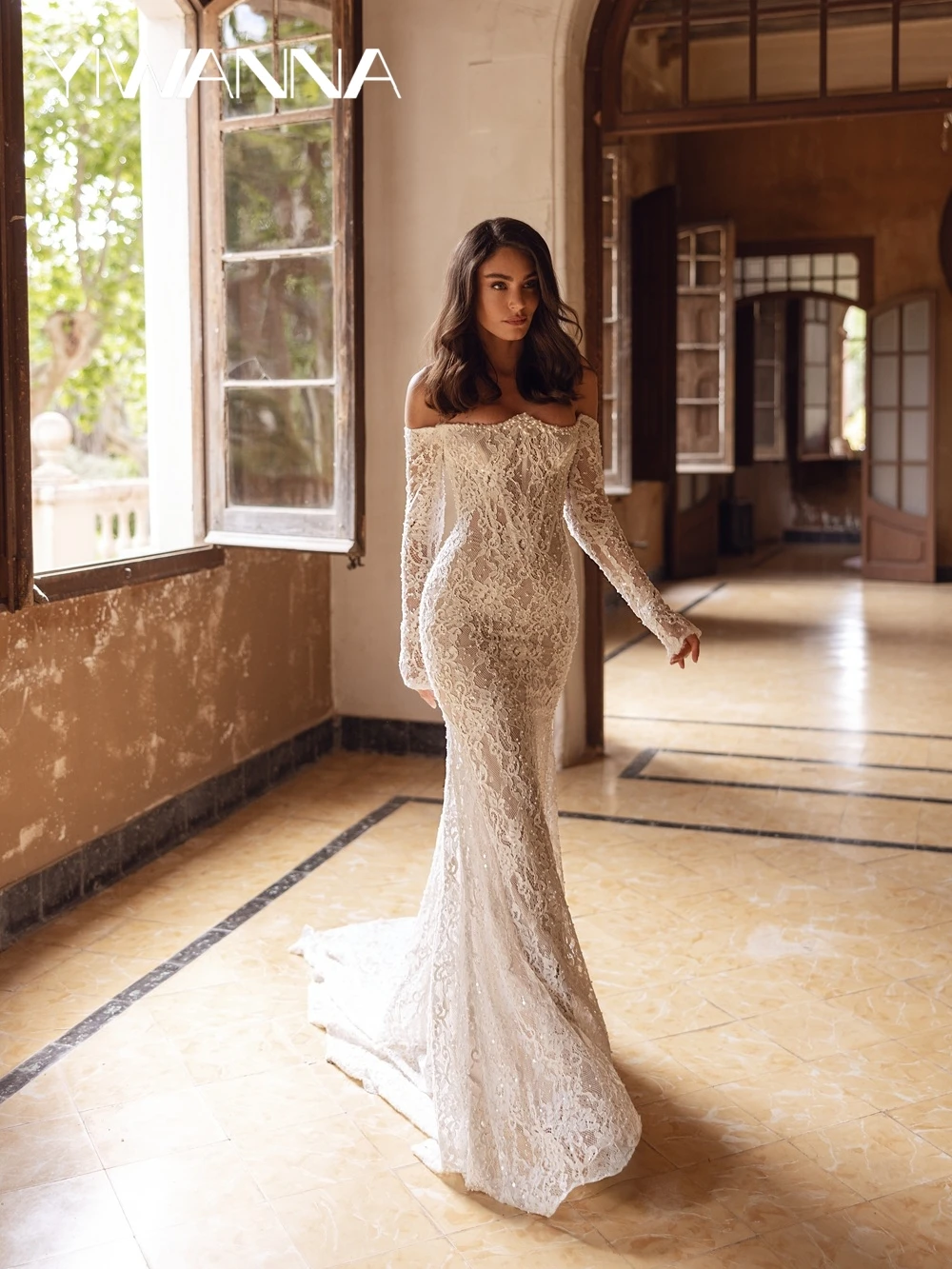 

Shimmering Pearls Strapless Lace Long Wedding Dress Off Shoulder Mermaid Bridal Gown Customized Stunning Dresses For Bride