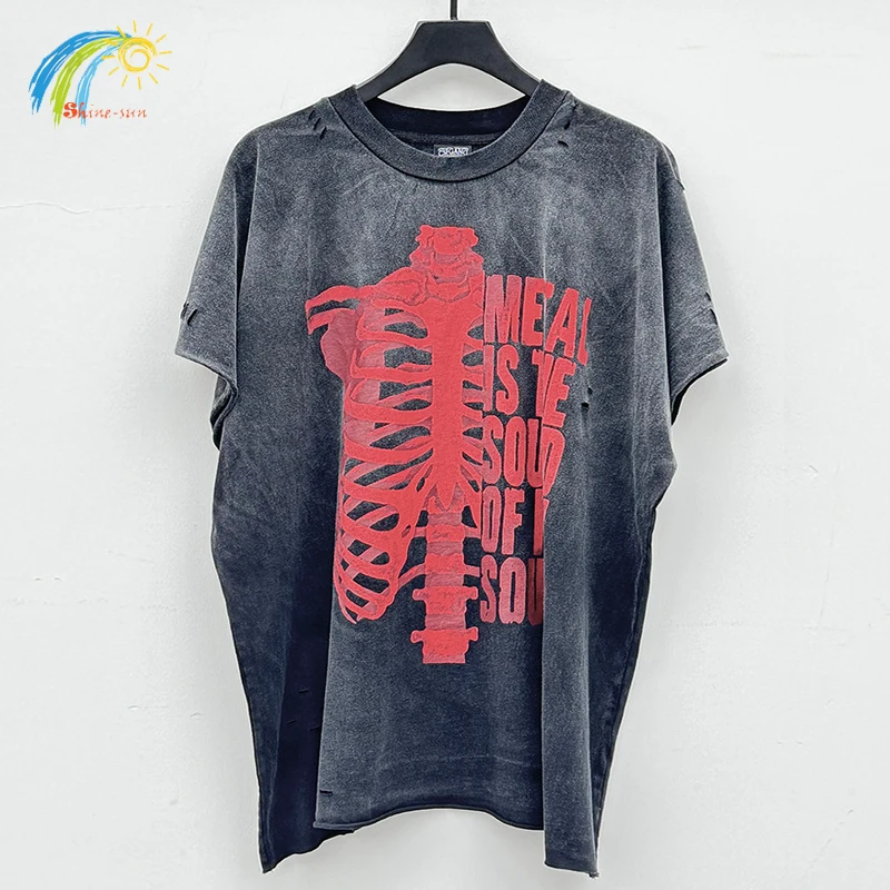 

Streetwear Red Skeleton Letters Print T Shirt Men Women Vintage Washed Black Damaged Hold Tops Cotton Oversized BOX TEE Vest