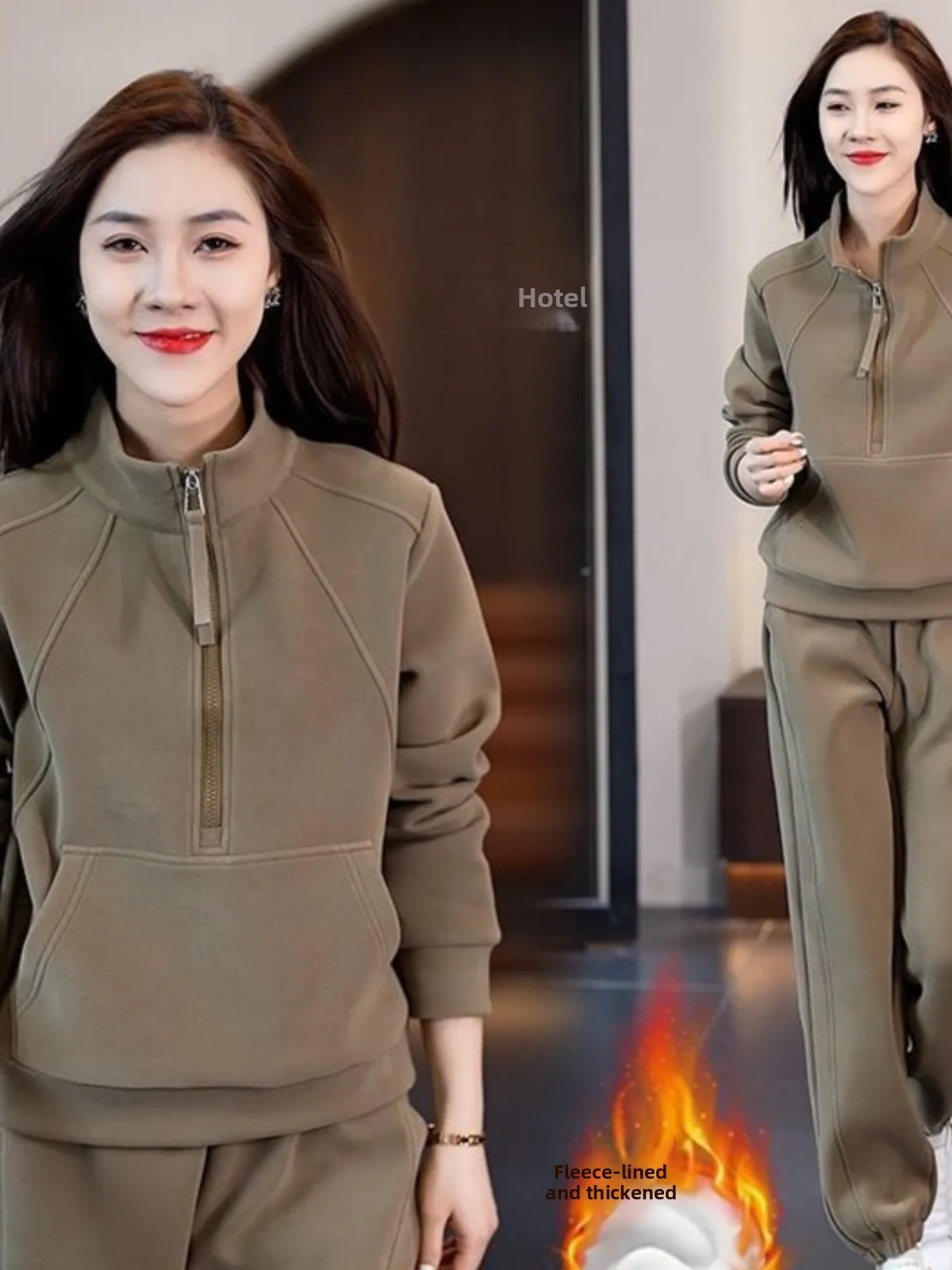 

Thiened Fce Lined Stand Collar Casual Two-Piece Sportswear Set Faionable Autumn Winter New Arrival Women's Polyester L...