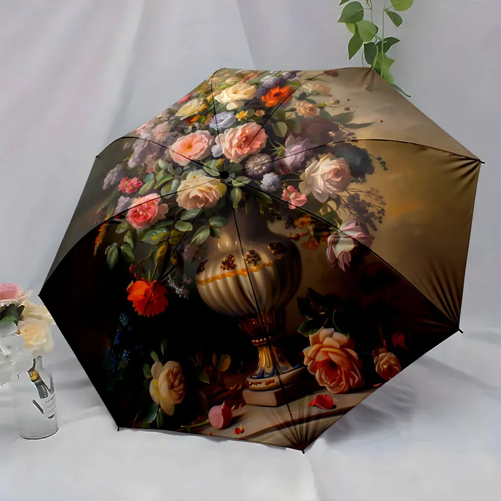 1PC Beautiful Floral Art Design on Umbrella Print 8 Iron Ribs Folding Umbrella Auto-Open Fashion Sunshade